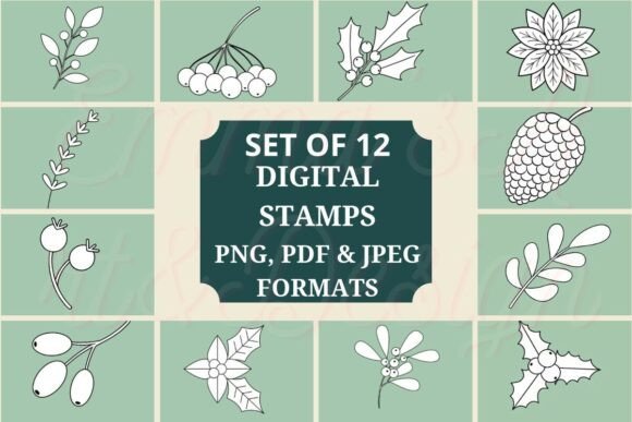 12 Christmas Foliage Digital Stamps: Illustrations
