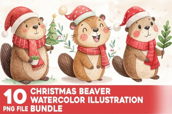 Christmas Beaver Watercolor Bundle: Illustrations
