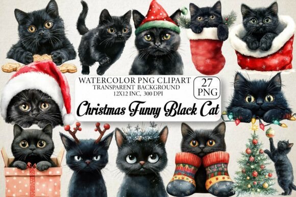 Christmas Funny Black Cat Clipart: Festive Illustrations
