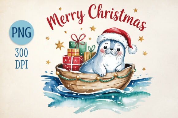 Christmas Seal in Boat with Gifts PNG for Illustrations