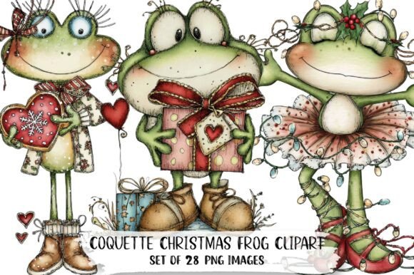 Coquette Christmas Frog Clipart: Festive Illustrations