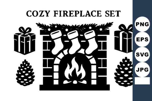 Cozy Fireplace Set with Christmas Stocki Illustrations
