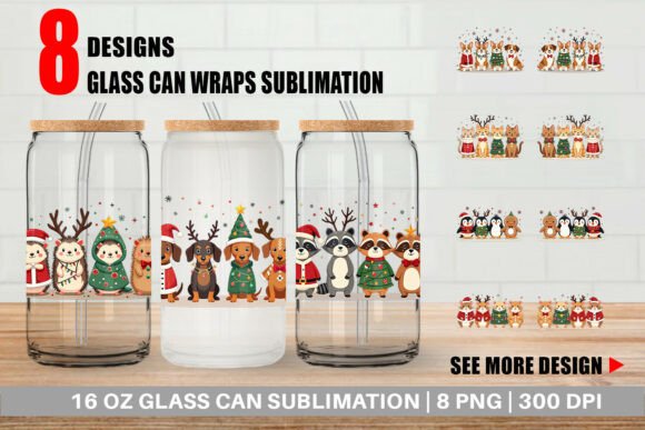 Cute Christmas Animal Critter Glass Can Illustrations