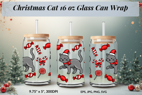 Cute Christmas Cat Glass Can Wrap Illustrations