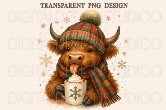 Cute Christmas Highland Cow PNG for Illustrations