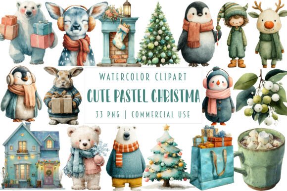 Cute Pastel Christmas Clipart & Illustrations