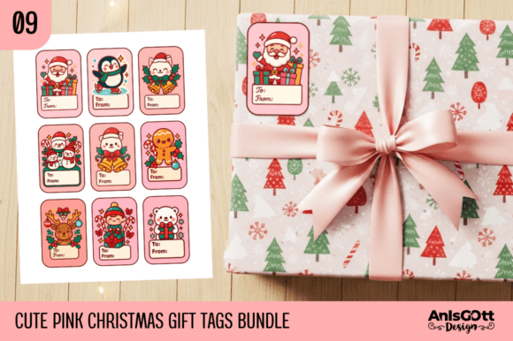 Cute Pink Christmas Gift Tags Label Set Illustrations
