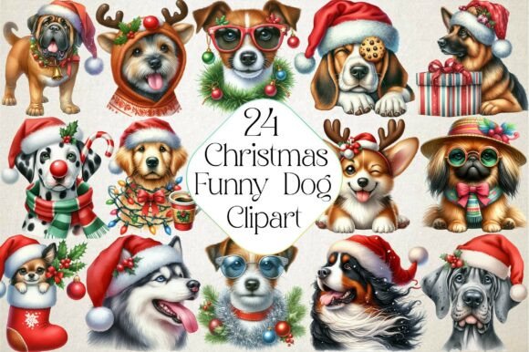 Funny Christmas Dog Clipart: Branding Illustrations