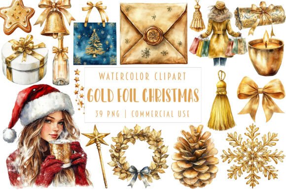 Gold Foil Christmas Accents Set: Premium Illustrations