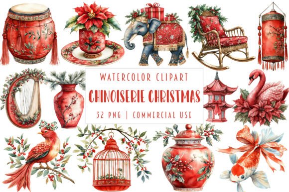 Red Chinoiserie Christmas Clipart: Illustrations