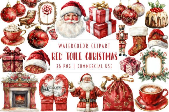 Red Toile Christmas Clipart: Illustrations for Branding