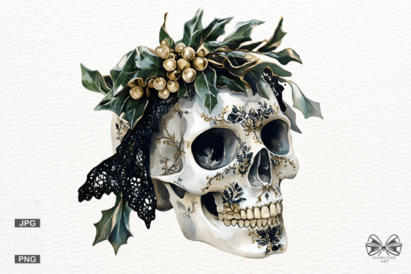 Skull with Christmas Mistletoe Png: Bold Illustrations