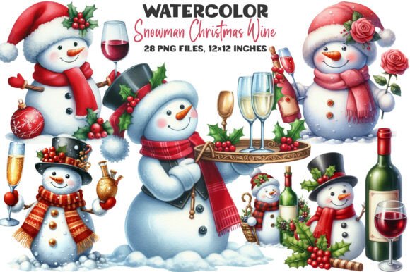 Snowman Christmas Wine Clipart: Illustrations for Sellers
