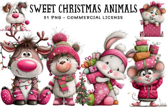 Sweet Christmas Animals PNG Bundle: Festive Illustrations