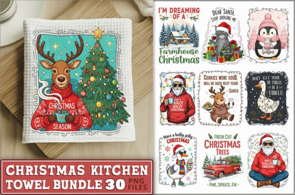 Vintage Christmas Towel PNG: Festive Illustrations