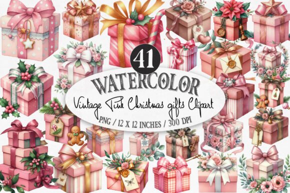 Vintage Pink Christmas Gifts Clipart & Illustrations
