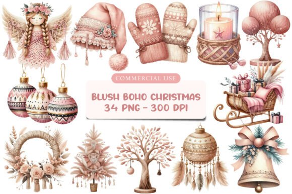 Watercolor Blush Boho Christmas Clipart Review