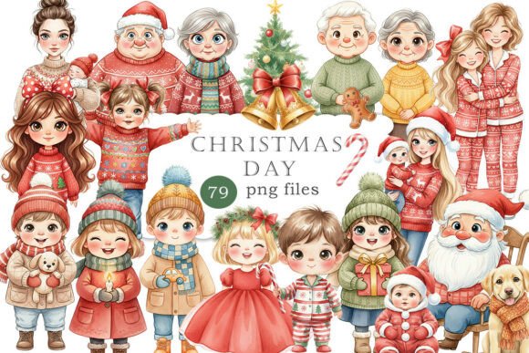 Watercolor Family Christmas Clipart PNG for Illustrations
