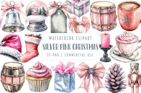 Watercolor Silver Pink Christmas Clipart & Illustrations
