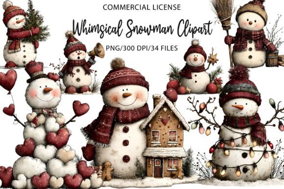 Whimsical Snowman Christmas Clipart for Illustrations