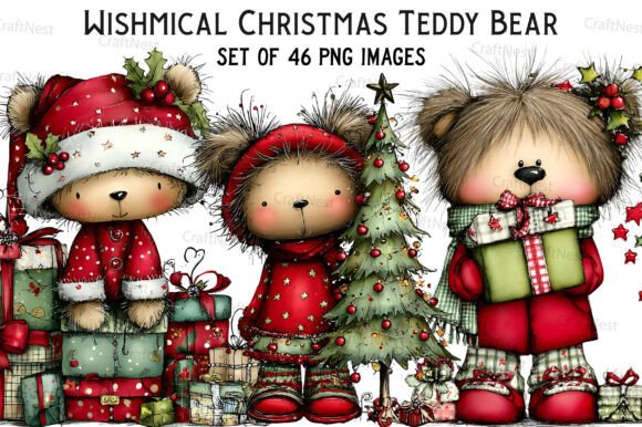 Wishmical Christmas Teddy Bear Clipart for Illustrations